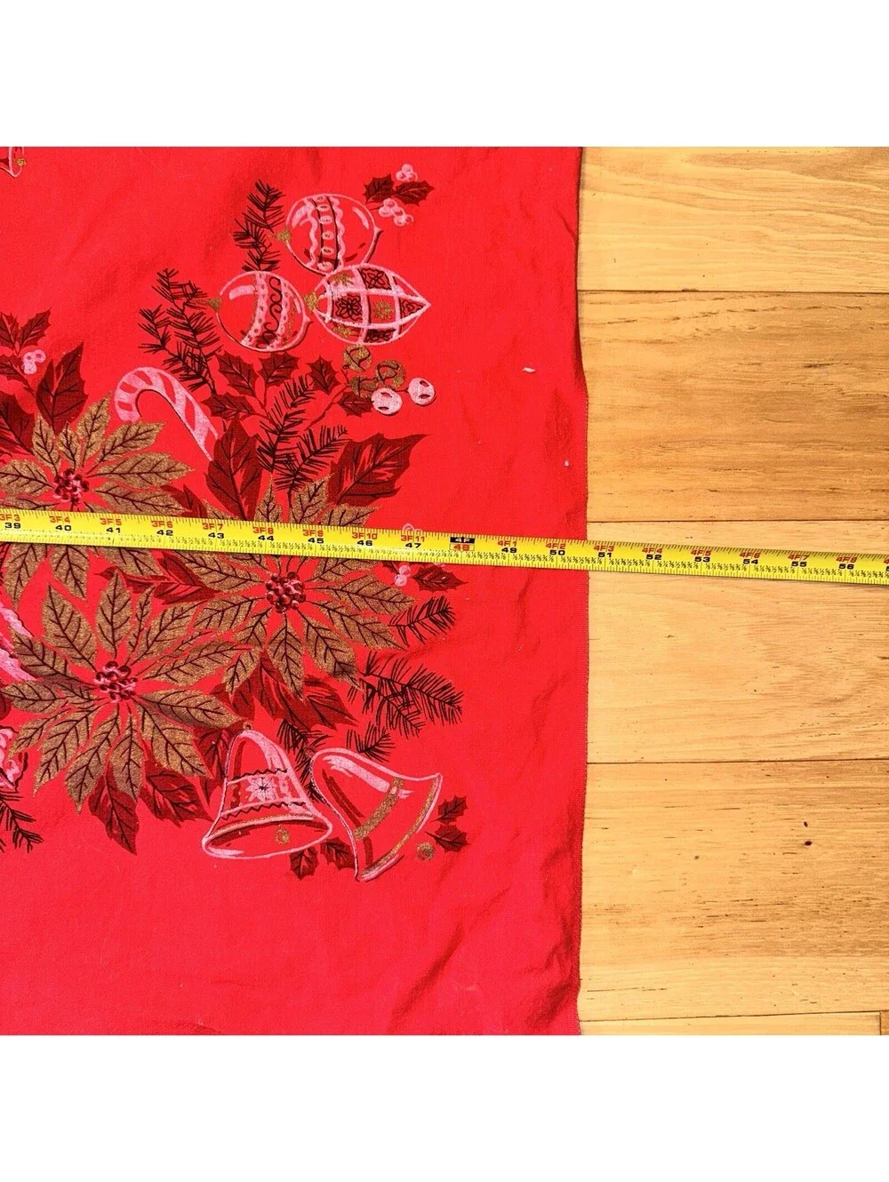 Vintage Red Christmas Tablecloth 76x50 Poinsettia Bells Ornaments Holiday Decor